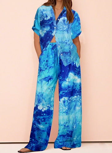 Fashion Printed Short Sleeve Shirt Straight Pants Two Sets Wholesale