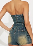 Tube Top Slim High Elastic Washed Denim Jumpsuit Wholesale
