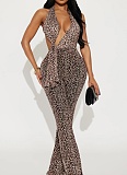 Women's Sexy Halter Neck Lace-Up Leopard-Print Low-Back Jumpsuit Wholesale