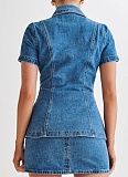 Short Sleeve Button Lapel Top High Waist Miniskirt Denim Two Piece Set Wholesale