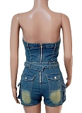 Tube Top Slim High Elastic Washed Denim Jumpsuit Wholesale