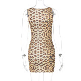 Sexy Gym Style Leopard Print Lace Square Neck Sleeveless Slim Dress