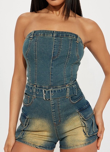 Tube Top Slim High Elastic Washed Denim Jumpsuit Wholesale