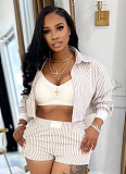 Casual Women'S Lapel Striped Long-Sleeved Shirt Shorts Two-Piece Suit Wholesale