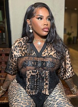 Fashion V-Neck Lace Leopard Print Loose Casual T-Shirt Wholesale