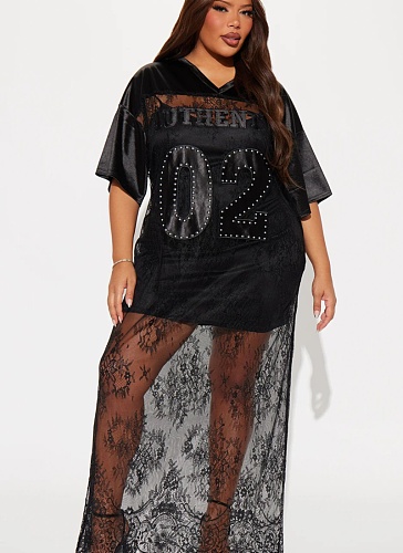 Fashion Loose V-neck Lace Splicing Casual Loose Short Sleeve Dress Wholesale
