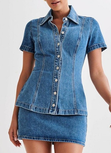 Short Sleeve Button Lapel Top High Waist Miniskirt Denim Two Piece Set Wholesale