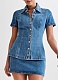 Short Sleeve Button Lapel Top High Waist Miniskirt Denim Two Piece Set Wholesale