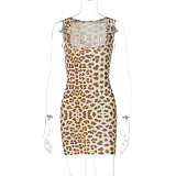 Sexy Gym Style Leopard Print Lace Square Neck Sleeveless Slim Dress