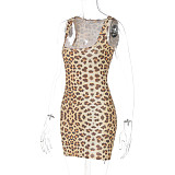 Sexy Gym Style Leopard Print Lace Square Neck Sleeveless Slim Dress