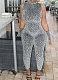 Halter Neck Backless Lace-Up Elastic Leopard Print Sleeveless Jumpsuit (With Gloves)
