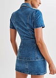 Short Sleeve Button Lapel Top High Waist Miniskirt Denim Two Piece Set Wholesale