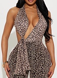 Women's Sexy Halter Neck Lace-Up Leopard-Print Low-Back Jumpsuit Wholesale