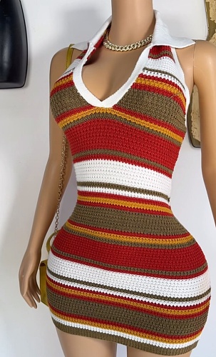 New Knitted Contrast Striped Sleeveless Backless Short Dress Wholesale