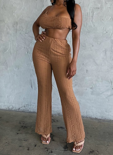 Comfortable Elastic Fine Grain Sleeveless Top Loose Wide Leg Pants Casual Two Piece Set Wholesale
