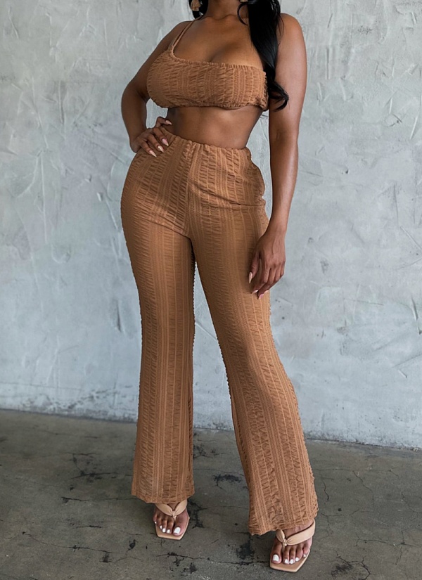Comfortable Elastic Fine Grain Sleeveless Top Loose Wide Leg Pants Casual Two Piece Set Wholesale