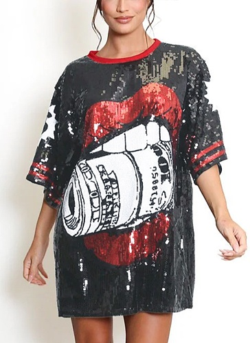 Fashion Round Neck Half Sleeve Loose Sequin Printed Dress Wholesale