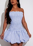 Striped Off Shoulder Sweet Slim Fit High Waist Women Bubble Dress Wholesale