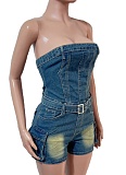 Tube Top Slim High Elastic Washed Denim Jumpsuit Wholesale
