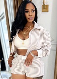 Casual Women'S Lapel Striped Long-Sleeved Shirt Shorts Two-Piece Suit Wholesale
