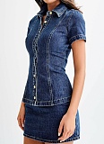 Short Sleeve Button Lapel Top High Waist Miniskirt Denim Two Piece Set Wholesale