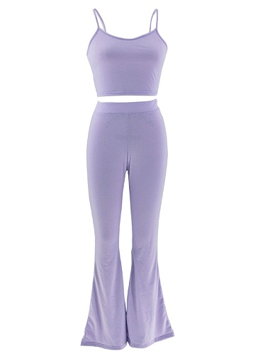 Purple Sleeveless Vest + High Waist Elastic Bell Bottom Pants Casual Two Piece Set Wholesale
