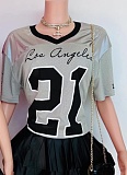 Fashion Street Print Contrast Color Loose Casual V-Neck Short-Sleeved Tops Wholesale