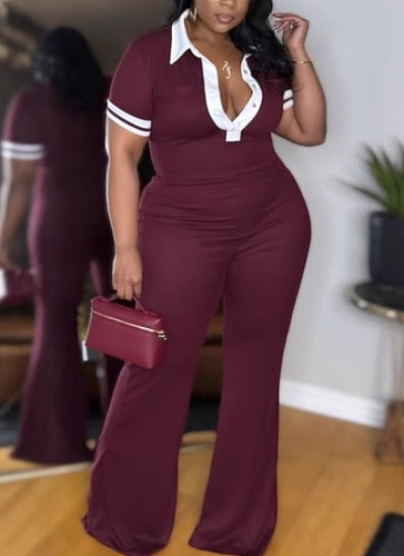 Elegant Slim Fit Elastic Contrast Color Lapel Flared Jumpsuit Wholesale