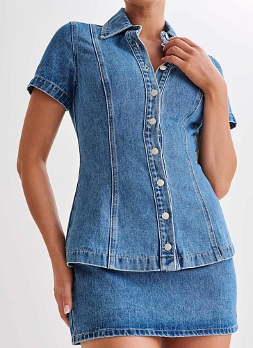 Short Sleeve Button Lapel Top High Waist Miniskirt Denim Two Piece Set Wholesale
