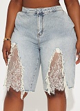 Fashionable Washed Distressed Ripped Lace Patchwork Denim Shorts For Women