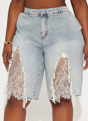 Fashionable Washed Distressed Ripped Lace Patchwork Denim Shorts For Women