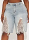 Fashionable Washed Distressed Ripped Lace Patchwork Denim Shorts For Women