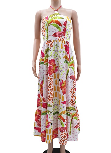 Women's Printed Casual Halter Neck Off Shoulder Resort Dress Wholesale