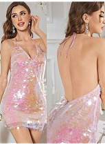 Sexy V-Neck Halter Back Pink Sequin Dress For Women