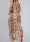 Fashionable Sequined Deep V Halter Neck Sexy Slightly Transparent Dress For Women