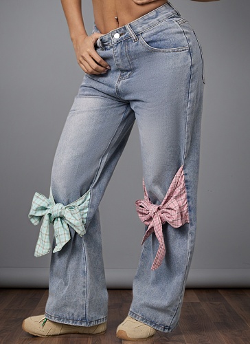 New Retro Bow High Waist Wide Leg Jeans For Women
