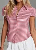 Short-Sleeved Plaid Single-Breasted Shirt For Women