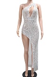 Fashionable Sequined Deep V Halter Neck Sexy Slightly Transparent Dress For Women