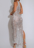 Fashionable Sequined Deep V Halter Neck Sexy Slightly Transparent Dress For Women