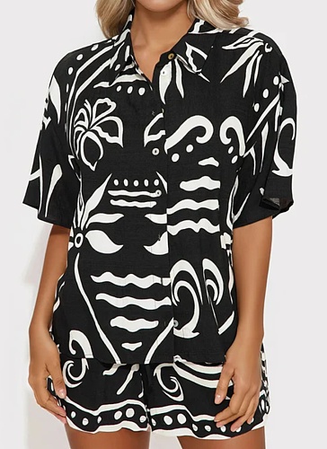 Summer Vacation Seaside Lapel Short-Sleeved Shirt Loose Shorts Two-Piece Suit For Women