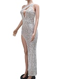 Fashionable Sequined Deep V Halter Neck Sexy Slightly Transparent Dress For Women