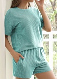 Summer Women'S Knitted Casual Round Neck Short-Sleeved Top Shorts Two-Piece Suit