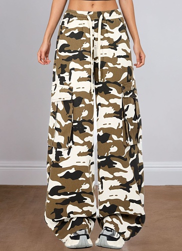 Camouflage Loose Casual Wide-Leg Fashionable Drawstring Jeans For Women
