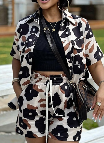 Printed Shirt Elastic Waist Shorts Fashion Casual Two Piece Suit For Women