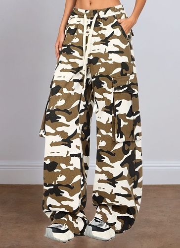 Camouflage Loose Casual Wide-Leg Fashionable Drawstring Jeans For Women