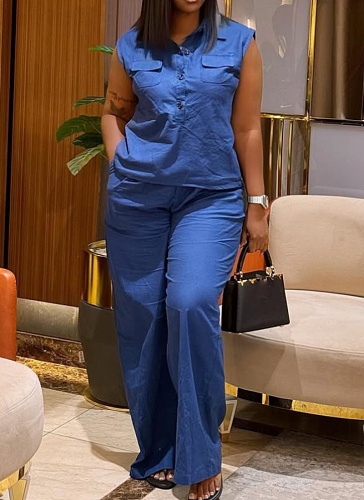 Blue Sleeveless Vest Wide Leg Trousers Two Piece Suit Women Wholesale