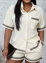 Contrast Color Lapel Short-Sleeved Shirt Casual Shorts Summer Two-Piece Set Wholesale