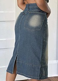 Summer New Casual Washed Slit Hem Denim Long Skirt