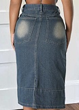 Summer New Casual Washed Slit Hem Denim Long Skirt