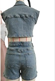 Fashion Casual Denim Tops Slim Fit Stretch Shorts Two Piece Set Wholesale